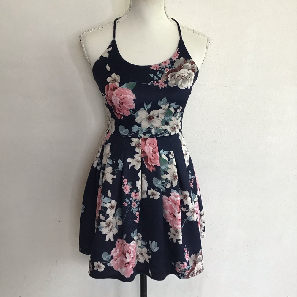 TRAC Women Elegant Navy Colorful Floral Spaghetti Straps Mini Dress S